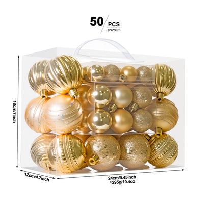 White Smoke Gold 50-Piece Assorted Christmas Bauble Set – Shatterproof Ornaments with Mixed Finishes for Holiday Tree Decor Xmas
