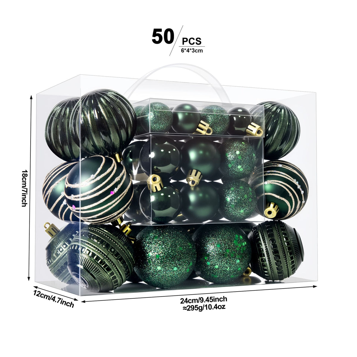 White Smoke Dark Green 50-Piece Assorted Christmas Bauble Set – Shatterproof Ornaments with Mixed Finishes for Holiday Tree Decor Xmas