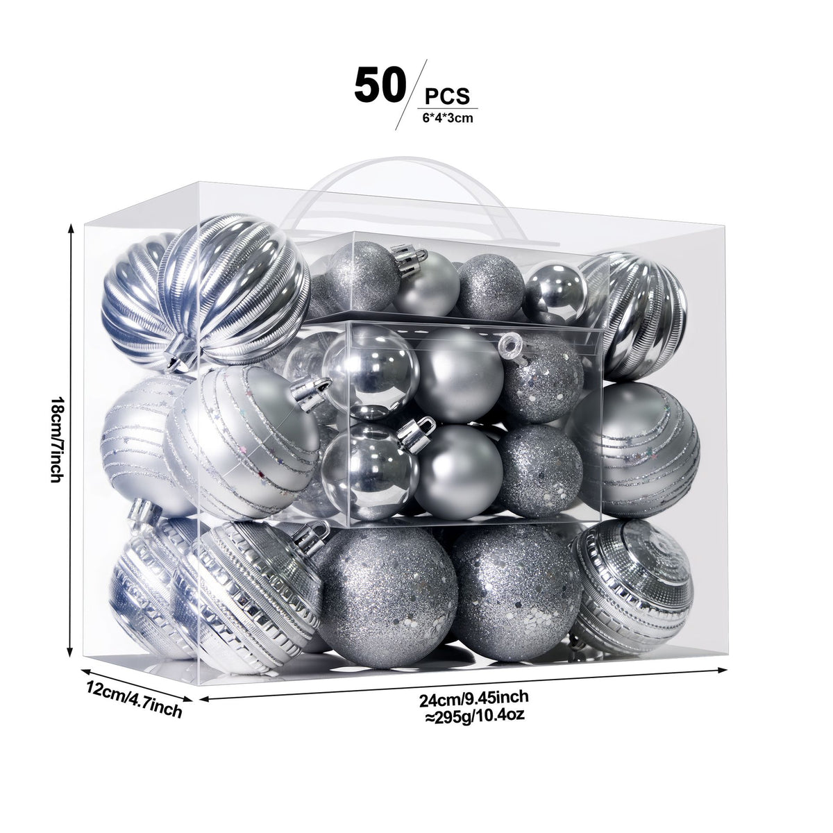 White Smoke Silver 50-Piece Assorted Christmas Bauble Set – Shatterproof Ornaments with Mixed Finishes for Holiday Tree Decor Xmas