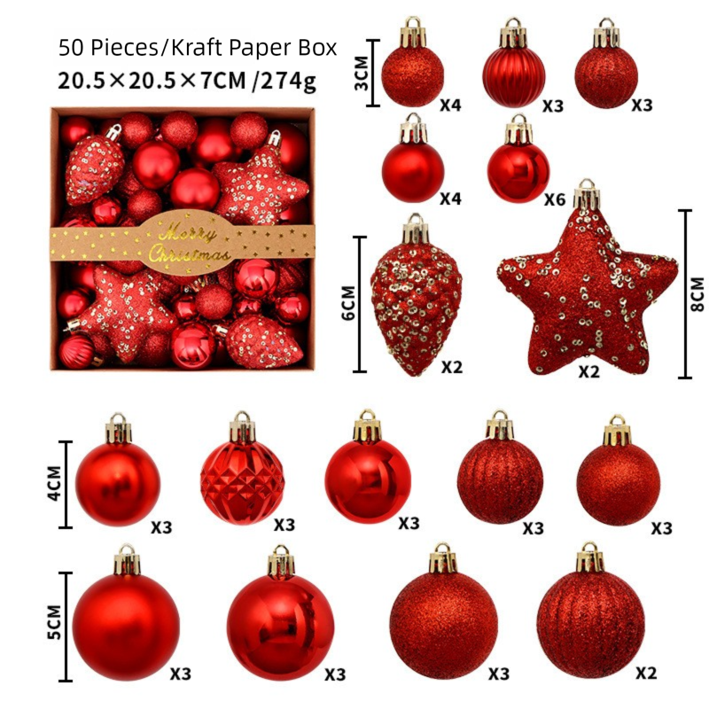 White Smoke 50-Piece Red Christmas Ornament Set – Assorted Shatterproof Baubles with Glitter Stars for Holiday Tree Decor Xmas