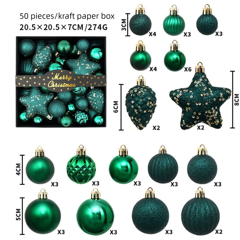 White Smoke 50-Piece Green Christmas Ornament Set – Assorted Shatterproof Baubles with Glitter Stars for Holiday Tree Decor Xmas