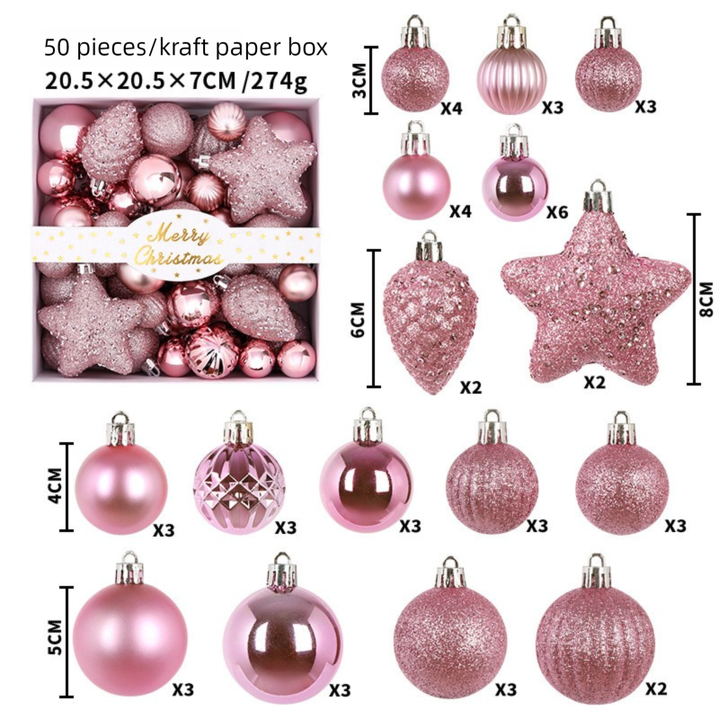 White Smoke 50-Piece Pink Christmas Ornament Set – Assorted Shatterproof Baubles with Glitter Stars for Holiday Tree Decor Xmas