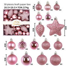 White Smoke 50-Piece Pink Christmas Ornament Set – Assorted Shatterproof Baubles with Glitter Stars for Holiday Tree Decor Xmas