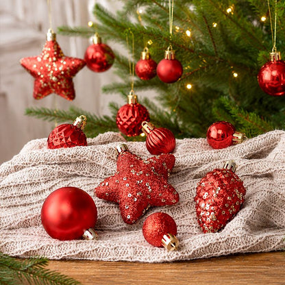 Dark Olive Green 50-Piece Pink Christmas Ornament Set – Assorted Shatterproof Baubles with Glitter Stars for Holiday Tree Decor Xmas