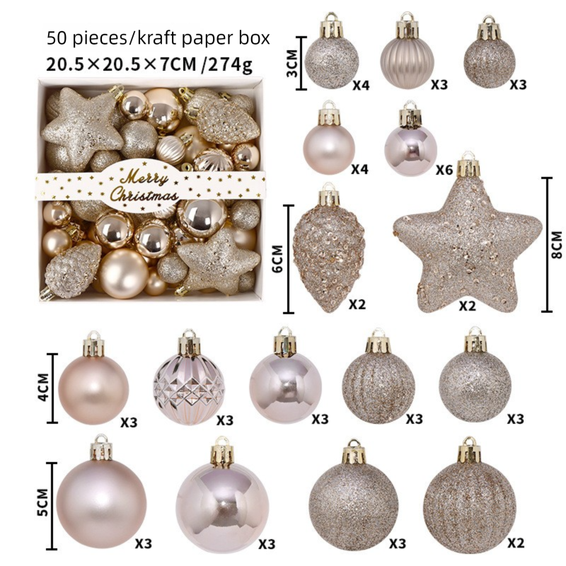 White Smoke 50-Piece Champagne Gold Christmas Ornament Set – Assorted Shatterproof Baubles with Glitter Stars for Holiday Tree Decor Xmas