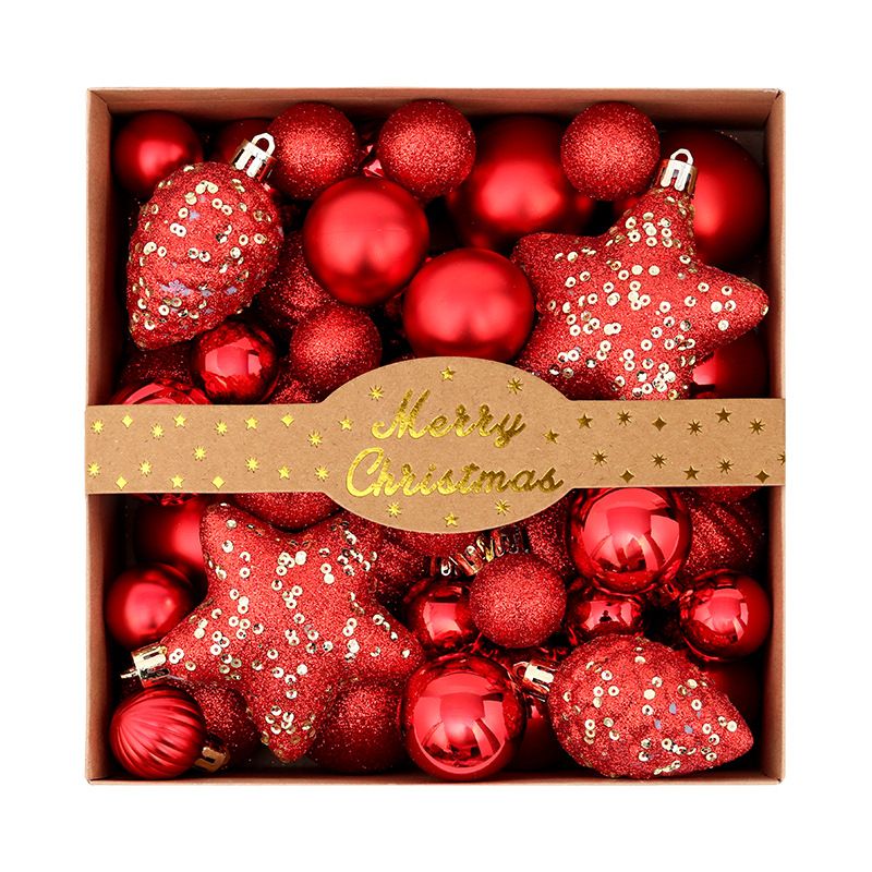 Dark Red 50-Piece Champagne Gold Christmas Ornament Set – Assorted Shatterproof Baubles with Glitter Stars for Holiday Tree Decor Xmas