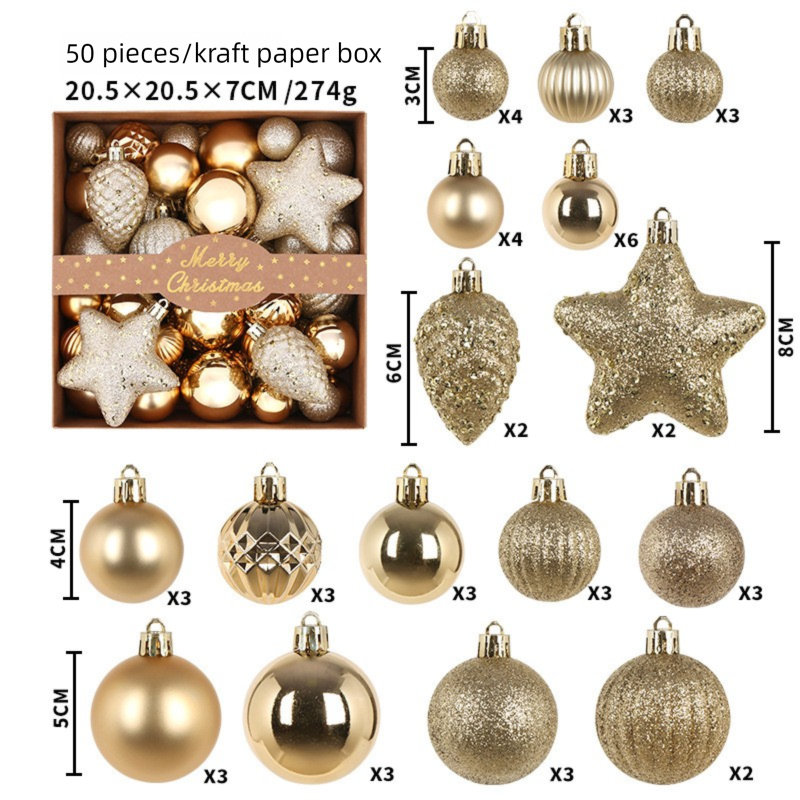 White Smoke 50-Piece Gold Christmas Ornament Set – Assorted Shatterproof Baubles with Glitter Stars for Holiday Tree Decor Xmas