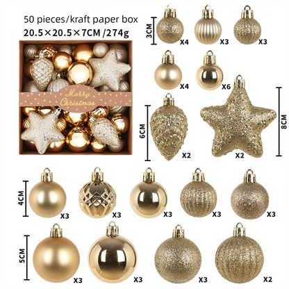 White Smoke 50-Piece Gold Christmas Ornament Set – Assorted Shatterproof Baubles with Glitter Stars for Holiday Tree Decor Xmas
