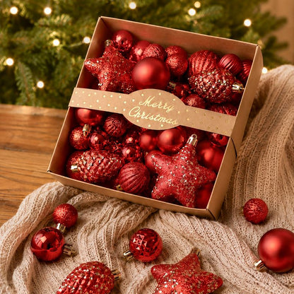 Dark Red 50-Piece Gold Christmas Ornament Set – Assorted Shatterproof Baubles with Glitter Stars for Holiday Tree Decor Xmas