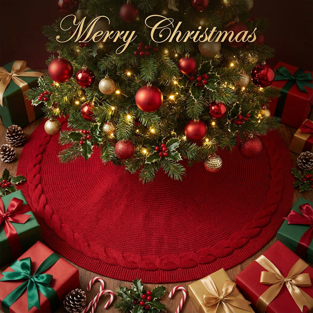 Black Knitted Christmas Tree Skirt 36 Inch Red Round Tree Base Cover with Cable Knit Border Soft Holiday Tree Skirt Rustic Christmas Decor for Home Fireplace Party Festive Gift Display Christmas