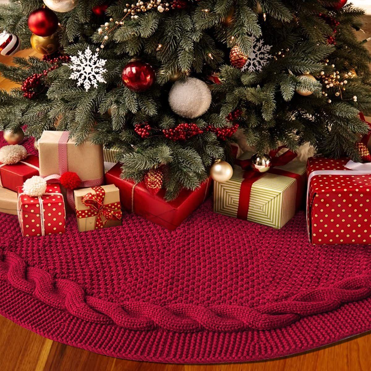Brown Knitted Christmas Tree Skirt 36 Inch Red Round Tree Base Cover with Cable Knit Border Soft Holiday Tree Skirt Rustic Christmas Decor for Home Fireplace Party Festive Gift Display Christmas