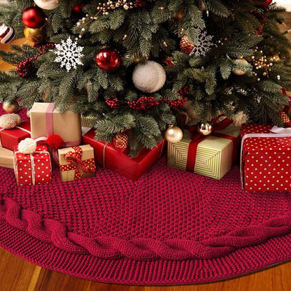 Brown Knitted Christmas Tree Skirt 36 Inch Red Round Tree Base Cover with Cable Knit Border Soft Holiday Tree Skirt Rustic Christmas Decor for Home Fireplace Party Festive Gift Display Christmas