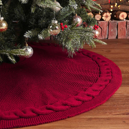 Dark Red Knitted Christmas Tree Skirt 36 Inch Red Round Tree Base Cover with Cable Knit Border Soft Holiday Tree Skirt Rustic Christmas Decor for Home Fireplace Party Festive Gift Display Christmas