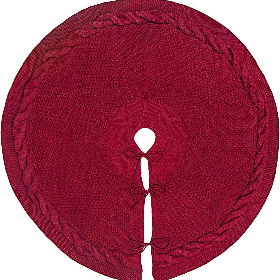 Brown Knitted Christmas Tree Skirt 36 Inch Red Round Tree Base Cover with Cable Knit Border Soft Holiday Tree Skirt Rustic Christmas Decor for Home Fireplace Party Festive Gift Display Christmas