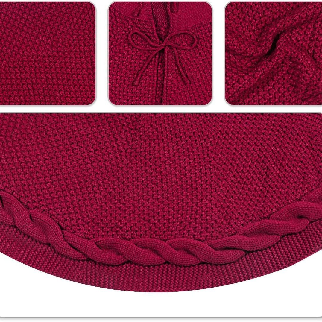 Dark Red Knitted Christmas Tree Skirt 36 Inch Red Round Tree Base Cover with Cable Knit Border Soft Holiday Tree Skirt Rustic Christmas Decor for Home Fireplace Party Festive Gift Display Christmas