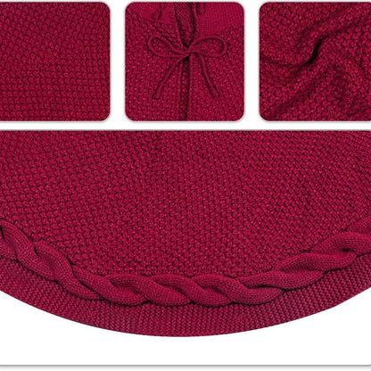 Dark Red Knitted Christmas Tree Skirt 36 Inch Red Round Tree Base Cover with Cable Knit Border Soft Holiday Tree Skirt Rustic Christmas Decor for Home Fireplace Party Festive Gift Display Christmas