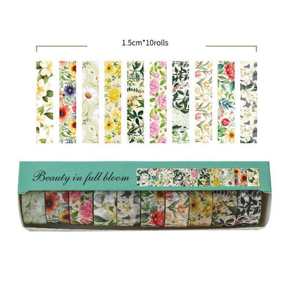 10-Roll Floral Washi Tape Set (Style 2) - 15 mm x 2 m Decorative Flower Pattern Craft Tape for Journaling, Scrapbooking, Planner Decoration and DIY Projects