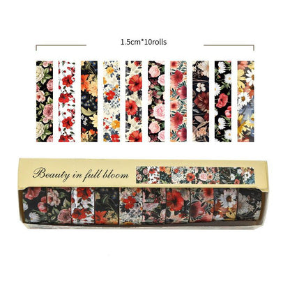 10-Roll Floral Washi Tape Set (Style 3) - 15 mm x 2 m Decorative Flower Pattern Craft Tape for Journaling, Scrapbooking, Planner Decoration and DIY Projects