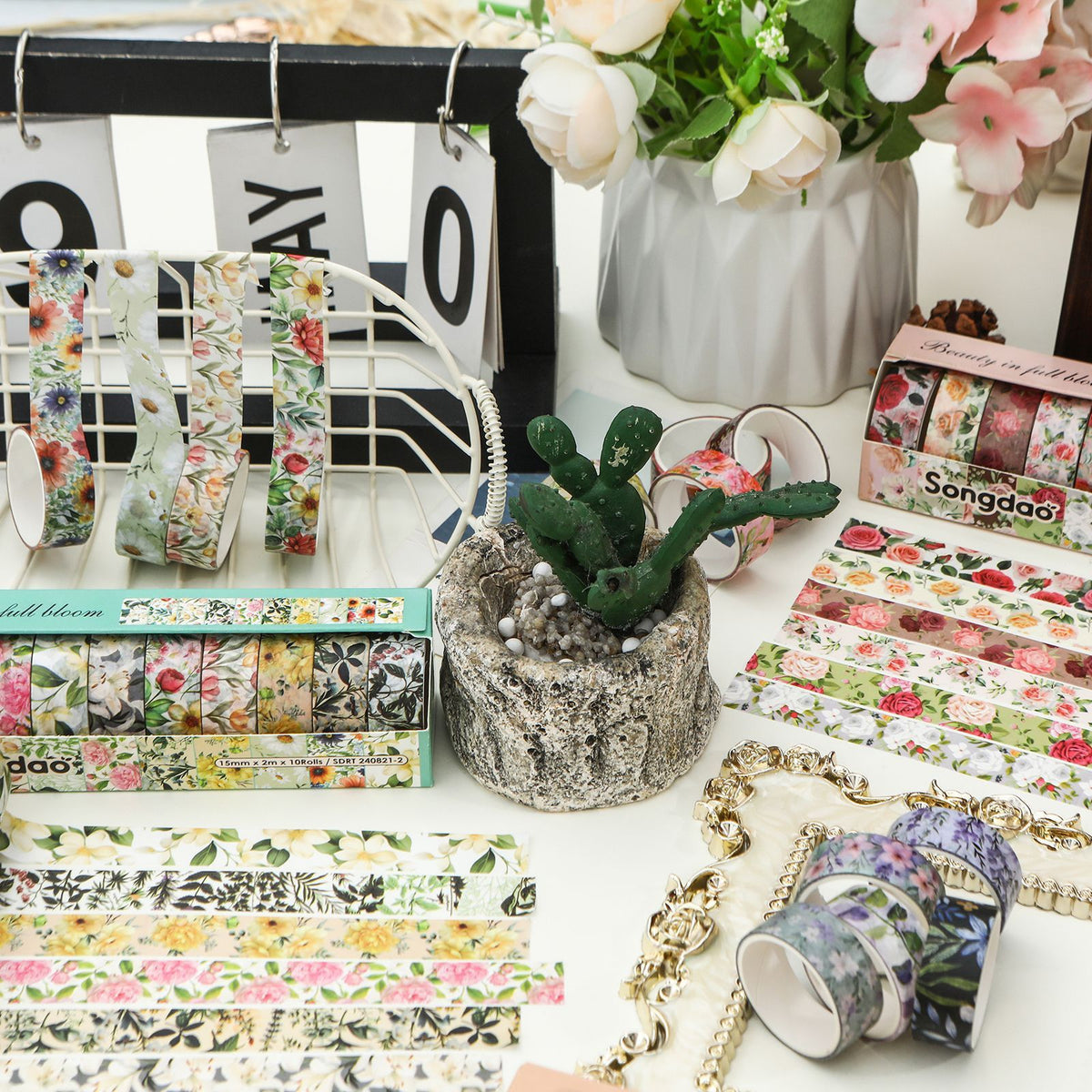 10-Roll Floral Washi Tape Set (Style 5) - 15 mm x 2 m Decorative Flower Pattern Craft Tape for Journaling, Scrapbooking, Planner Decoration and DIY Projects