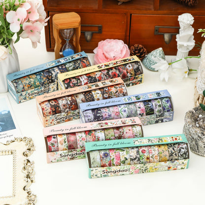 10-Roll Floral Washi Tape Set (Style 6) - 15 mm x 2 m Decorative Flower Pattern Craft Tape for Journaling, Scrapbooking, Planner Decoration and DIY Projects