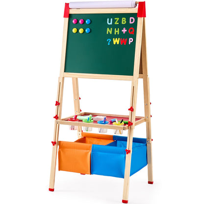 White Smoke Art Easel for Kids, 3-in-1 Wooden Double-Sided Kid's Art Easel with Magnetic Whiteboard, Chalkboard, Paper Roll, Adjustable Standing Drawing Board with Painting Accessories, Storage for Boy Girl Kids Furniture & Easels