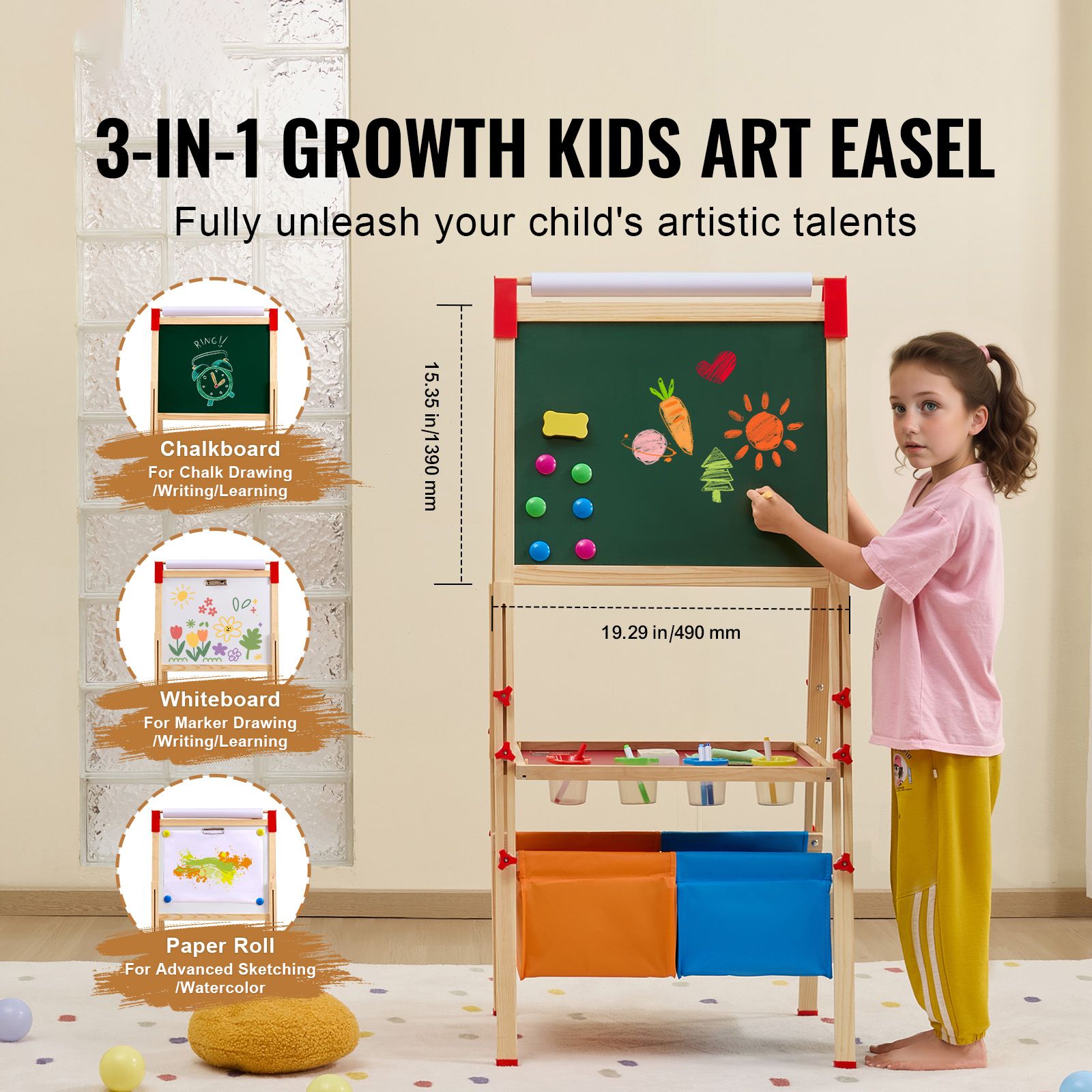 Gray Art Easel for Kids, 3-in-1 Wooden Double-Sided Kid's Art Easel with Magnetic Whiteboard, Chalkboard, Paper Roll, Adjustable Standing Drawing Board with Painting Accessories, Storage for Boy Girl Kids Furniture & Easels