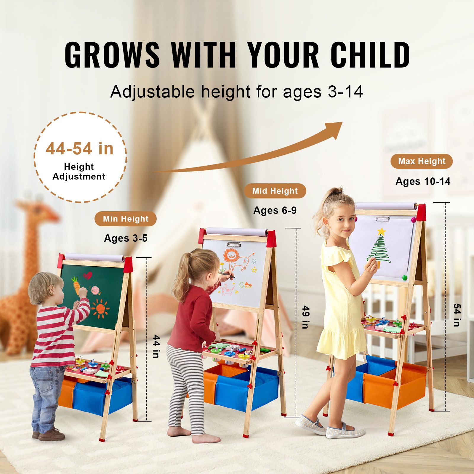 Seashell Art Easel for Kids, 3-in-1 Wooden Double-Sided Kid's Art Easel with Magnetic Whiteboard, Chalkboard, Paper Roll, Adjustable Standing Drawing Board with Painting Accessories, Storage for Boy Girl Kids Furniture & Easels