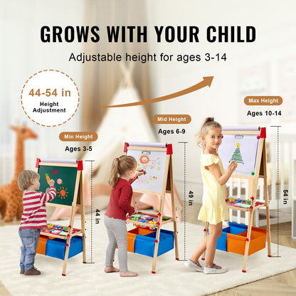 Seashell Art Easel for Kids, 3-in-1 Wooden Double-Sided Kid's Art Easel with Magnetic Whiteboard, Chalkboard, Paper Roll, Adjustable Standing Drawing Board with Painting Accessories, Storage for Boy Girl Kids Furniture & Easels