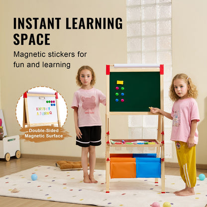 Light Gray Art Easel for Kids, 3-in-1 Wooden Double-Sided Kid's Art Easel with Magnetic Whiteboard, Chalkboard, Paper Roll, Adjustable Standing Drawing Board with Painting Accessories, Storage for Boy Girl Kids Furniture & Easels