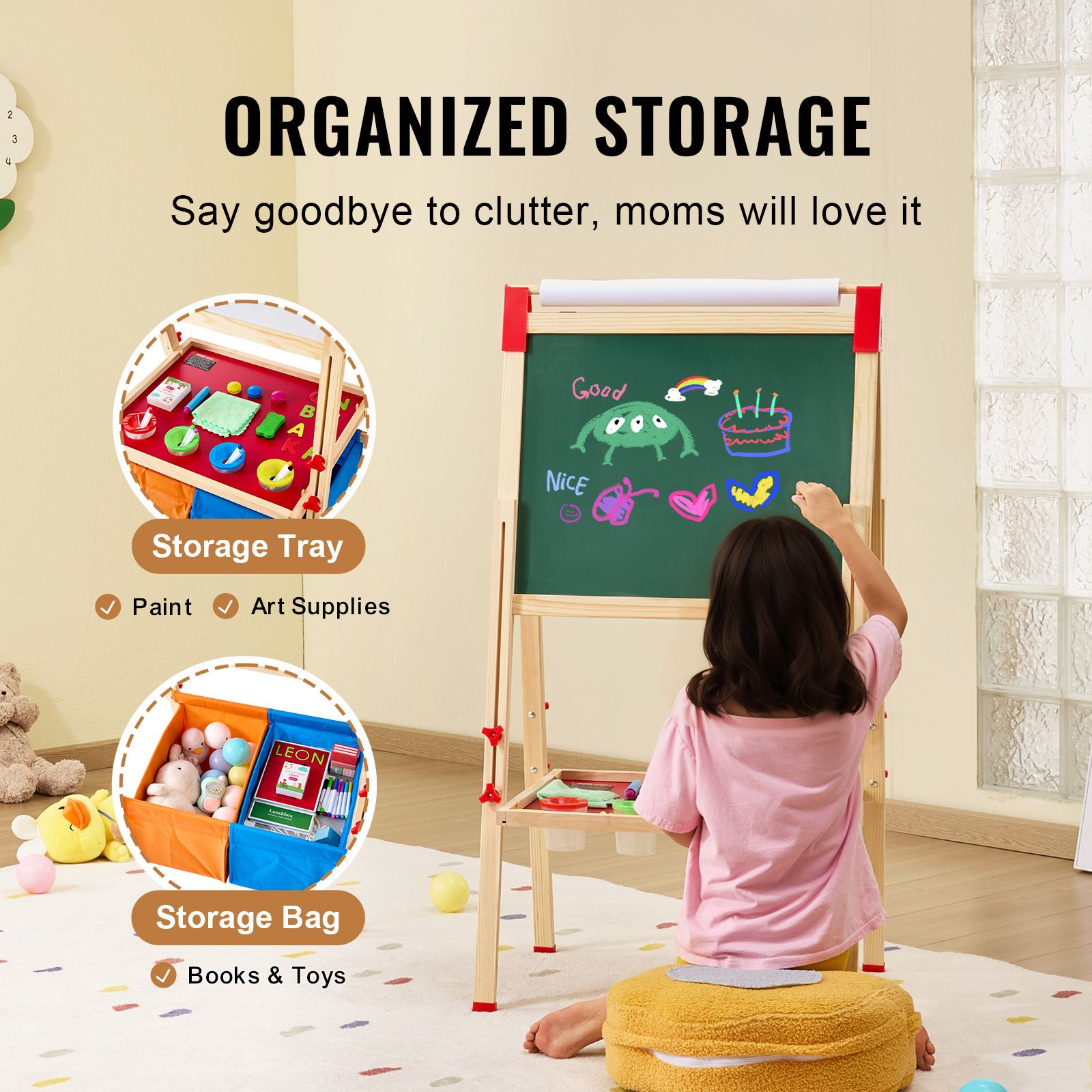 Wheat Art Easel for Kids, 3-in-1 Wooden Double-Sided Kid's Art Easel with Magnetic Whiteboard, Chalkboard, Paper Roll, Adjustable Standing Drawing Board with Painting Accessories, Storage for Boy Girl Kids Furniture & Easels