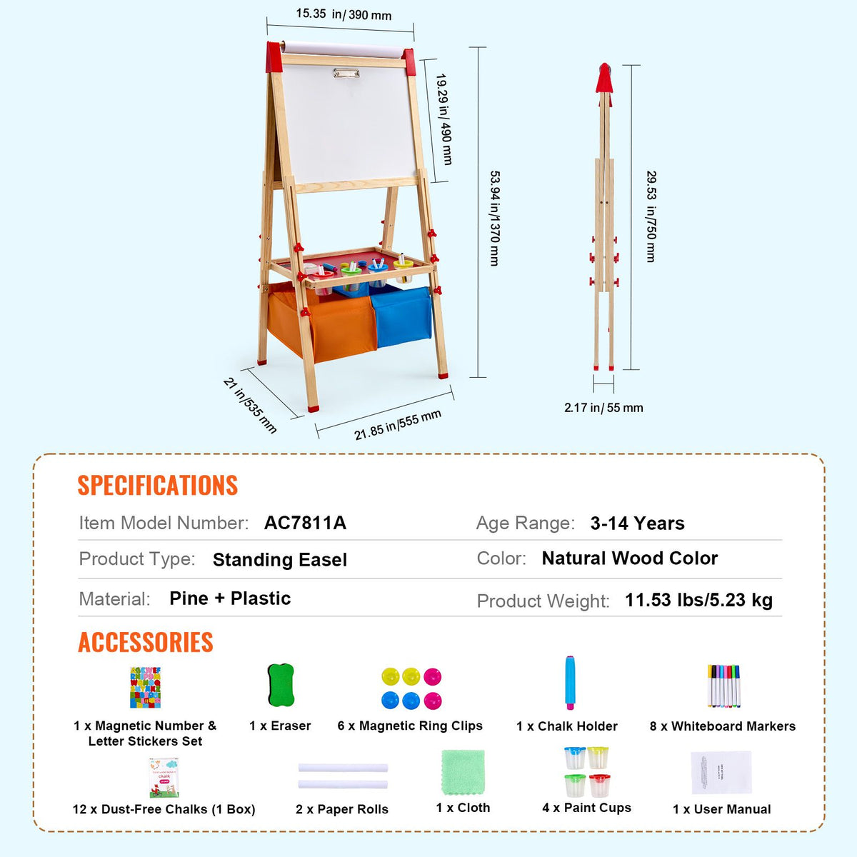 Alice Blue Art Easel for Kids, 3-in-1 Wooden Double-Sided Kid's Art Easel with Magnetic Whiteboard, Chalkboard, Paper Roll, Adjustable Standing Drawing Board with Painting Accessories, Storage for Boy Girl Kids Furniture & Easels