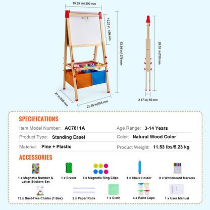 Alice Blue Art Easel for Kids, 3-in-1 Wooden Double-Sided Kid's Art Easel with Magnetic Whiteboard, Chalkboard, Paper Roll, Adjustable Standing Drawing Board with Painting Accessories, Storage for Boy Girl Kids Furniture & Easels