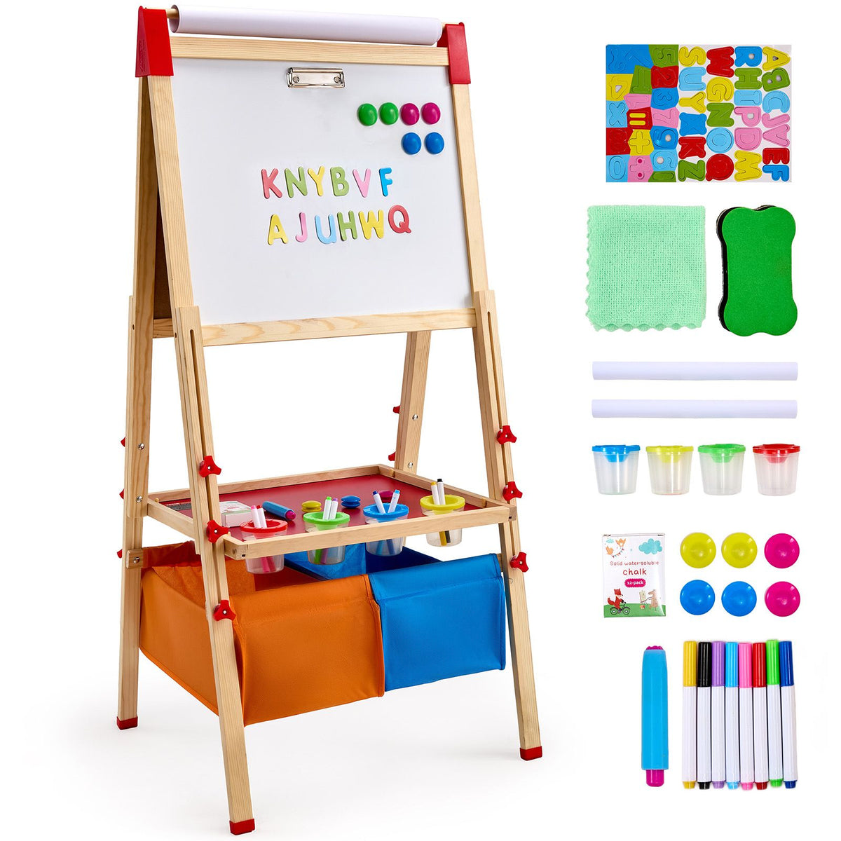White Smoke Art Easel for Kids, 3-in-1 Wooden Double-Sided Kid's Art Easel with Magnetic Whiteboard, Chalkboard, Paper Roll, Adjustable Standing Drawing Board with Painting Accessories, Storage for Boy Girl Kids Furniture & Easels