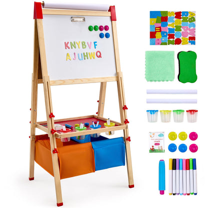 White Smoke Art Easel for Kids, 3-in-1 Wooden Double-Sided Kid's Art Easel with Magnetic Whiteboard, Chalkboard, Paper Roll, Adjustable Standing Drawing Board with Painting Accessories, Storage for Boy Girl Kids Furniture & Easels