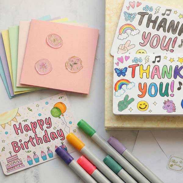Peach Puff Party DIY Colour in Gift Cards with Envelopes, Happy Birthday Theme, 6pk Party