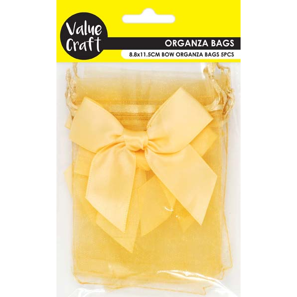 Yellow Party Mini Bow Organza Bags, Gold, 8.8x11.5cm, 5pk Party