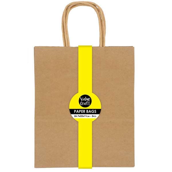 Dark Khaki Paper Bags, Kraft, 26.7x22cm, 3pk Party