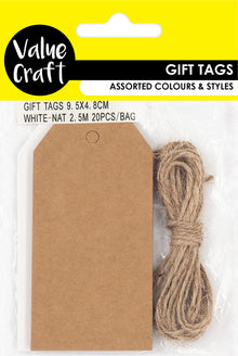Rosy Brown XMAS Gift Tags with String, Natural & White, 9.5cm, 20pk Xmas