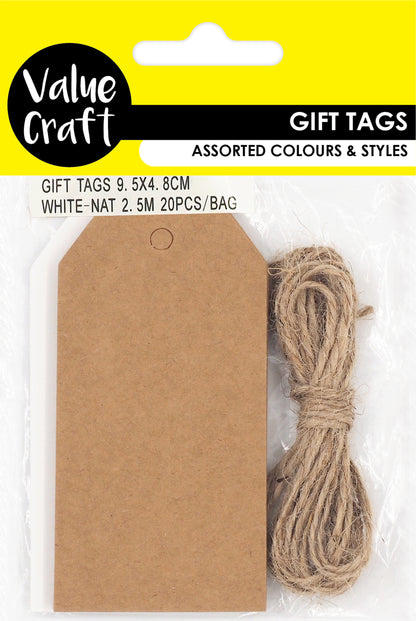 Rosy Brown XMAS Gift Tags with String, Natural & White, 9.5cm, 20pk Xmas