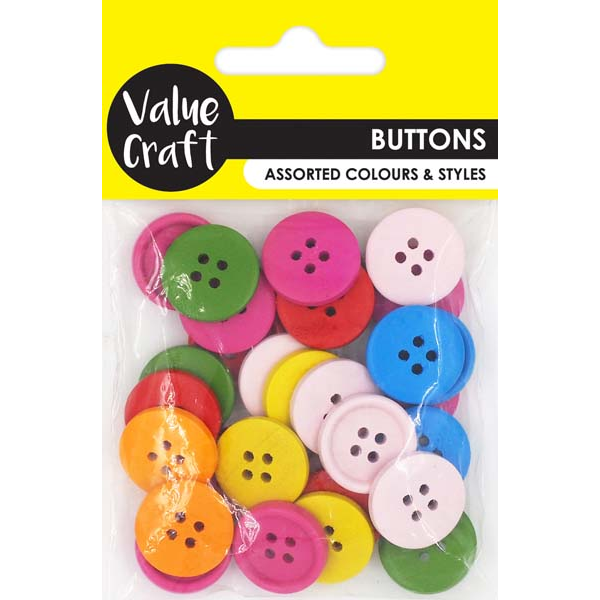 Yellow Wooden Buttons, Assorted Colours & Sizes, 20g Kids Craft Basics