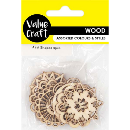 Yellow Wooden Shapes, Assorted Flowers, 9pcs Woodcraft
