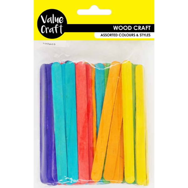 Yellow Wooden Icy Pole Pop Sticks, Assorted Colours, 11.5cm, 100pcs Kids Craft Basics