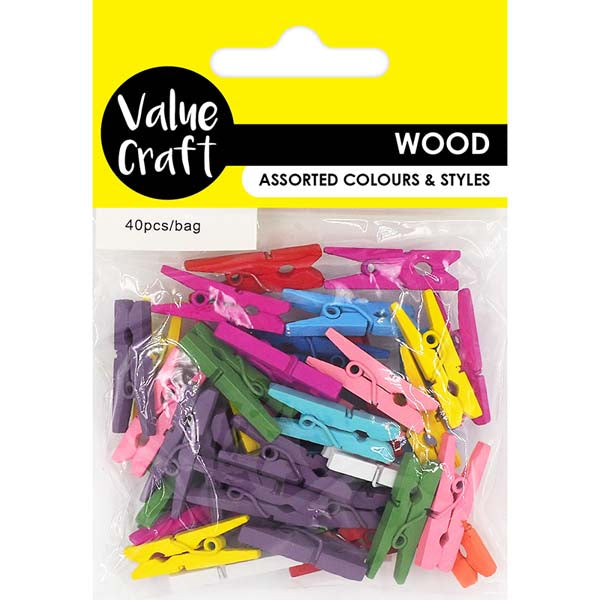 Yellow Wooden Pegs, Assorted Colours, 2.5cm, 40pk Woodcraft