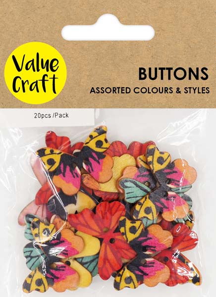 Dark Khaki Wooden Buttons, Butterfly Assortment, Assorted Colours, 20pk Kids Craft Basics