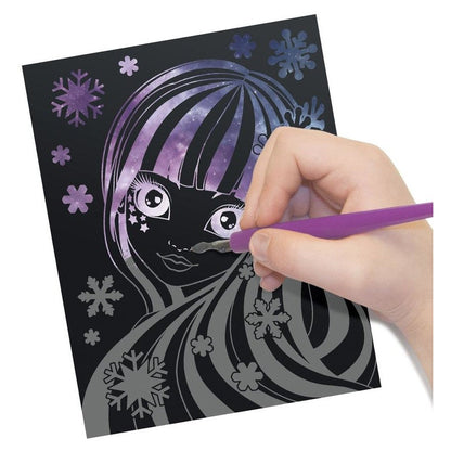 Scratch art board with black base and purple character face, with purple stylus pen.