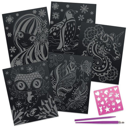 Assorted scratch art boards with black sheets and white line owl, girl, and feather designs.