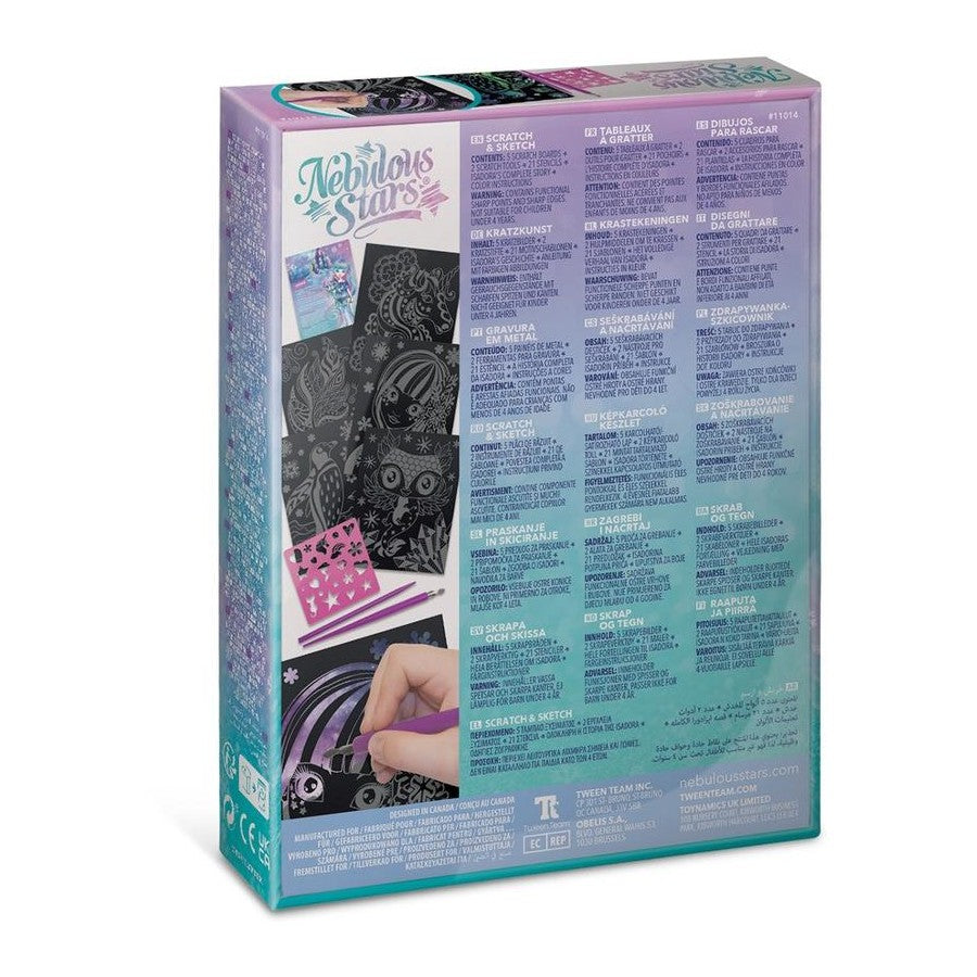 Scratch & sketch art boards set box back with printed instructions and sample thumbnails.