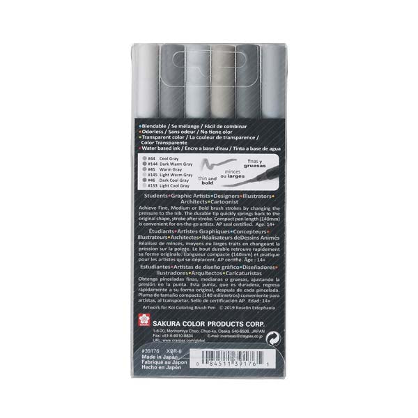 Dim Gray Koi Brush Pen, Set of 6, Grey Pens and Markers