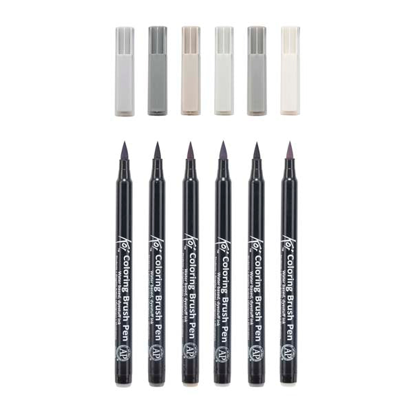 White Smoke Koi Brush Pen, Set of 6, Grey Pens and Markers