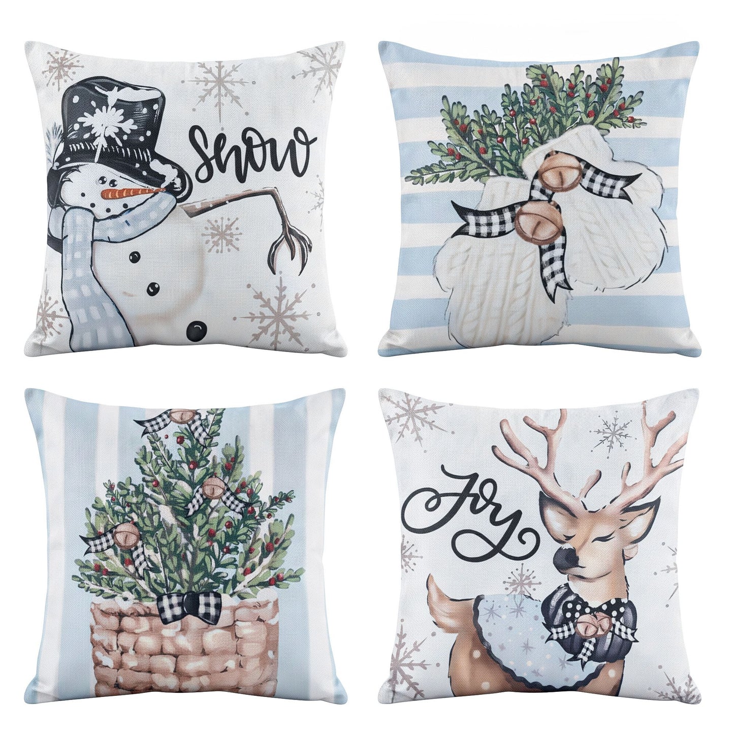 White Smoke Jingle Jollys Christmas Cushion Covers Set of 4 Pillow Covers 45x45cm with 4 Cute Patterns Blue Home & Garden > Decor > Cushions & Throws